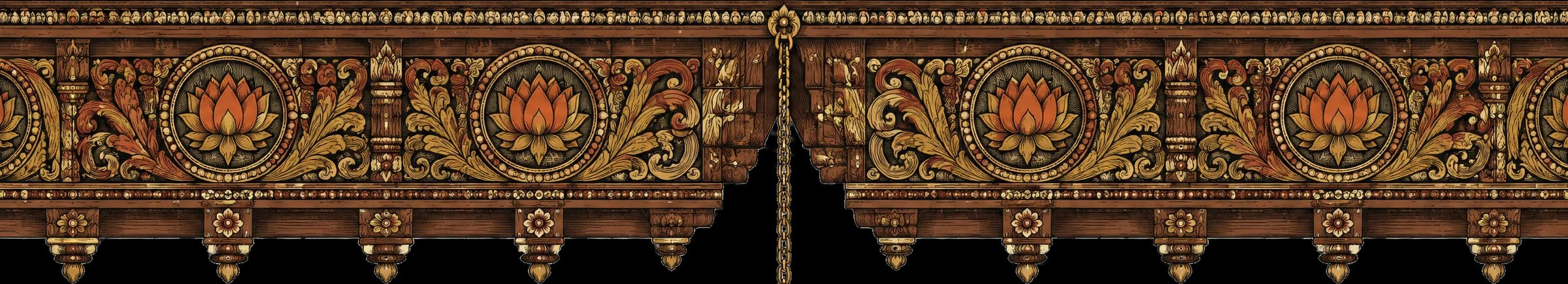 Vyřezávaný keralský chrámový vlys a zavěšená mosazná olejová lampa
